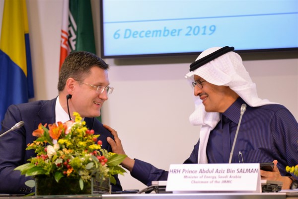 Russian Energy Minister Alexander Novak and Saudi Energy Minister Prince Abdulaziz bin Salman Al-Saud at a joint news conference after the 7th OPEC+  meeting in Vienna, Austria, Dec. 6, 2019 (Sputnik photo by Alexey Vitvitsky via AP).