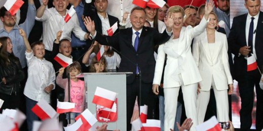 President Andrzej Duda and his wife, Agata Kornhauser-Duda, wave to supporters in Pultusk, Poland, July 12, 2020 (AP photo by Czarek Sokolowski).