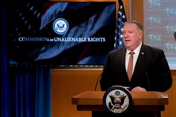 U.S. Secretary of State Mike Pompeo speaks during a news conference at the State Department in Washington, July 15, 2020 (AP photo by Andrew Harnik).