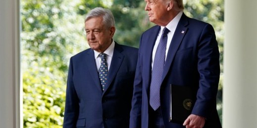 President Donald Trump and Mexican President Andres Manuel Lopez Obrador in the Rose Garden at the White House, Washington, July 8, 2020 (AP photo by Evan Vucci).