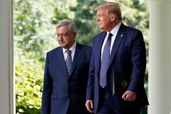 President Donald Trump and Mexican President Andres Manuel Lopez Obrador in the Rose Garden at the White House, Washington, July 8, 2020 (AP photo by Evan Vucci).