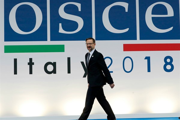 The former secretary general of the Organization for Security and Cooperation in Europe, Thomas Greminger, arrives for the 25th OSCE ministerial council meeting, in Milan, Italy, Dec. 6, 2018 (AP photo/Antonio Calanni).