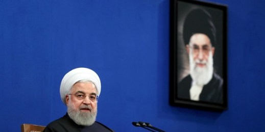Iran’s president, Hassan Rouhani, at a press conference in Tehran, Feb. 16, 2020 (AP photo by Ebrahim Noroozi).