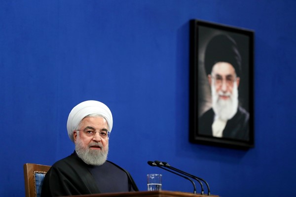 Iran’s president, Hassan Rouhani, at a press conference in Tehran, Feb. 16, 2020 (AP photo by Ebrahim Noroozi).