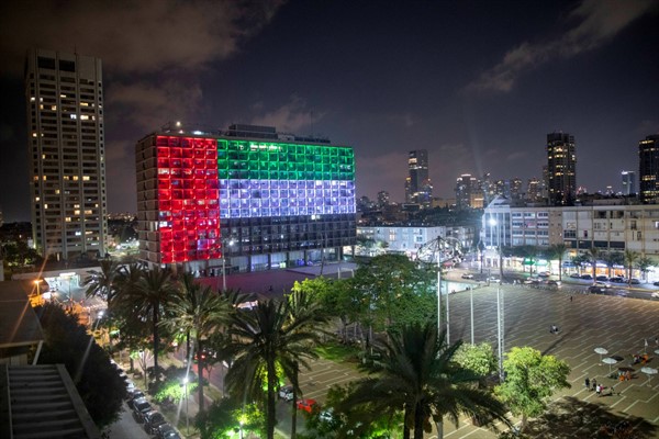 Tel Aviv City Hall is lit up with the flag of the United Arab Emirates after the UAE and Israel announced they would be establishing full diplomatic ties, in Tel Aviv, Israel, Aug. 13, 2020 (AP photo by Oded Balilty).