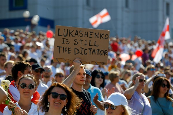 Belarusian opposition supporters rally in the center of Minsk, Belarus, Aug. 16, 2020 (AP photo by Sergei Grits).