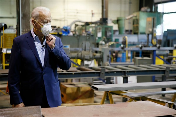 Former Vice President Joe Biden tours McGregor Industries, a metal fabricating facility in Dunmore, Pa., July 9, 2020 (AP photo by Matt Slocum).