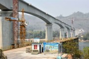 A railway bridge over the Mekong River under construction in the suburbs of Luang Prabang, Laos, March 11, 2020 (Kyodo photo via AP Images).