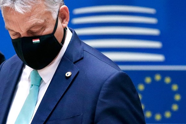 Hungary’s prime minister, Viktor Orban, at an EU summit in Brussels, July 18, 2020 (pool photo by Francois Lenoir via AP Images).