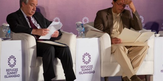 U.N. Secretary-General Antonio Guterres, left, and Pakistani Prime Minister Imran Khan at the Refugee Summit, in Islamabad, Pakistan, Feb. 17, 2020 (AP photo by B.K. Bangash).
