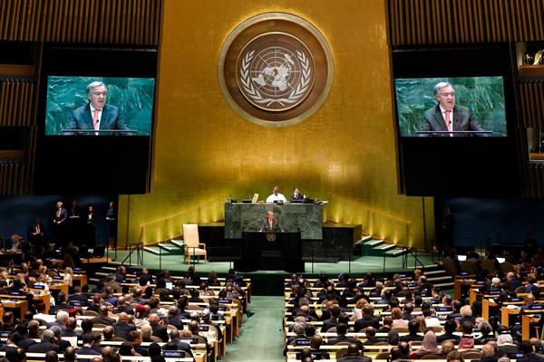 Secretary-General Antonio Guterres addresses the 74th session of the United Nations General Assembly, Sept. 24, 2019 (AP photo by Richard Drew).