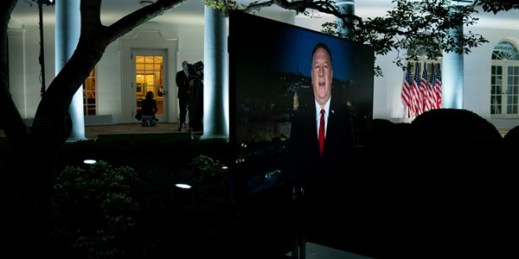 U.S. Secretary of State Mike Pompeo is shown on a screen addressing the 2020 Republican National Convention in the Rose Garden of the White House, Washington, Aug. 25, 2020 (AP photo by Evan Vucci).