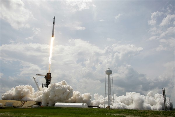The SpaceX Falcon 9 launch vehicle lifts off at the Kennedy Space Center in Cape Canaveral, Florida, May 30, 2020 (AP photo by John Raoux).