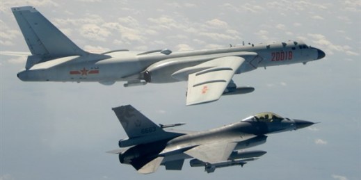 A Taiwanese Air Force F-16, in the foreground, flies on the flank of a Chinese People’s Liberation Army Air Force H-6 bomber as it passes near Taiwan, Feb. 10, 2020 (Republic of China (Ministry of National Defense photo via AP Images).