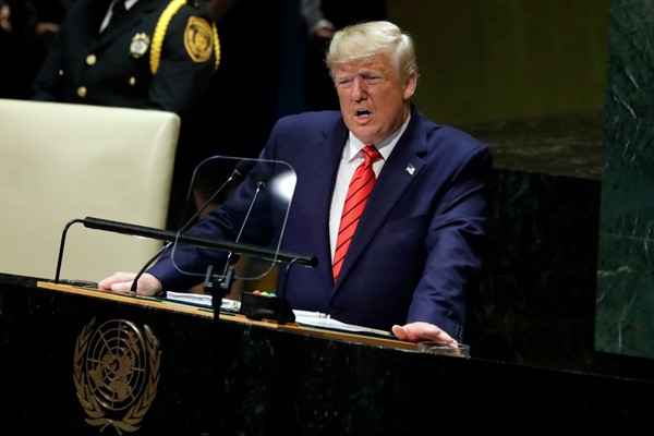 President Donald Trump addresses the 74th session of the United Nations General Assembly, in New York, Sept. 24, 2019 (AP photo by Evan Vucci).