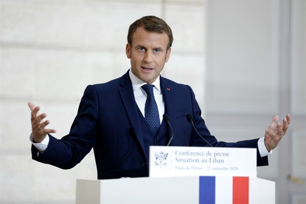 French President Emmanuel Macron speaks during a press conference on the situation in Lebanon, in Paris, Sept. 27, 2020 (AP photo by Lewis Joly).