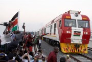 A cargo train rides on a Chinese-backed railway that cost $3.3 billion, one of Kenya’s largest infrastructure projects since independence, in Mombasa, May 30, 2017 (AP photo by Khalil Senosi).