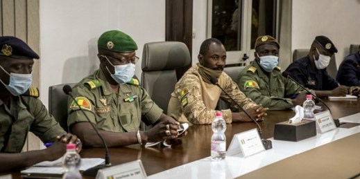 Mali’s coup leaders during a meeting with a high-level delegation from the West African regional bloc known as ECOWAS, in Bamako, Mali, Aug. 22, 2020 (AP photo).