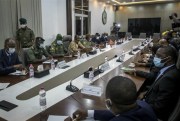 Mali’s coup leaders, left of table, meet with a high-level delegation from the West African regional bloc known as ECOWAS, in Bamako, Mali, Aug. 22, 2020 (AP photo).