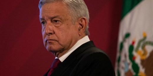 Mexican President Andres Manuel Lopez Obrador at his daily, morning news conference at the presidential palace in Mexico City, July 13, 2020 (AP photo by Marco Ugarte).