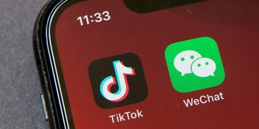 Chinese-owned apps TikTok and WeChat displayed on a smartphone, Beijing, China, Aug. 6, 2020 (AP photo by Mark Schiefelbein).