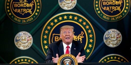 President Donald Trump participates in a border security briefing at United States Border Patrol station in Yuma, Ariz., June 23, 2020 (AP photo by Evan Vucci).