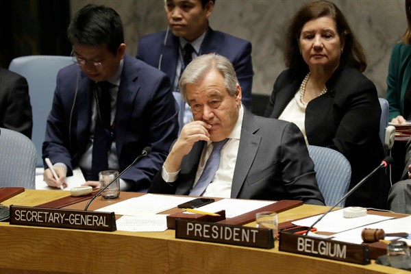 United Nations Secretary-General Antonio Guterres attends a Security Council meeting at U.N. headquarters in New York, Feb. 11, 2020 (AP photo by Seth Wenig).