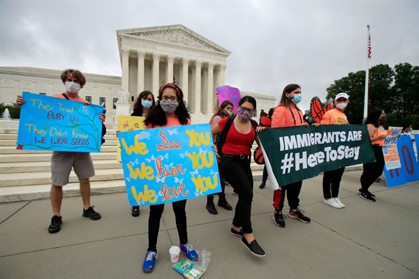 DACA students celebrate after the Supreme Court rejected the Trump administration’s effort to end legal protections for young immigrants, Washington, June 18, 2020 (AP photo by Manuel Balce Ceneta).