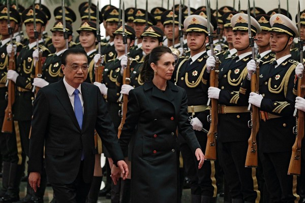 New Zealand Prime Minister Jacinda Ardern and Chinese Premier Li Keqiang during a welcome ceremony in Beijing, April 1, 2019 (AP photo by Andy Wong).