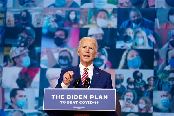 Democratic presidential candidate Joe Biden speaks about the coronavirus at The Queen theater in Wilmington, Del., Oct. 23, 2020 (AP photo by Andrew Harnik).