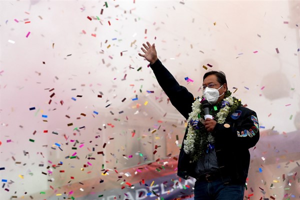 Luis Arce, then-presidential candidate for Bolivia’s Movement Toward Socialism party, at a closing campaign rally in El Alto, Bolivia, Oct. 14, 2020 (AP photo by Juan Karita).