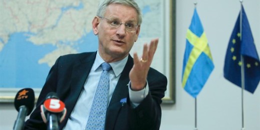 Sweden's then-foreign minister, Carl Bildt, during a press conference in Kiev, Ukraine, March 5, 2014 (AP photo by Efrem Lukatsky).