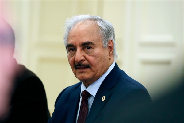 Libyan Gen. Khalifa Haftar joins a meeting with Greek Foreign Minister Nikos Dendias in Athens, Jan. 17, 2020 (AP photo by Thanassis Stavrakis).