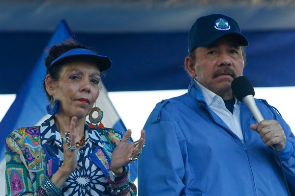 Nicaraguan President Daniel Ortega and his wife, Vice President Rosario Murillo, during a rally in Managua, Nicaragua, Sept. 5, 2018 (AP photo by Alfredo Zuniga).