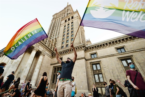 LGBTQ rights supporters protest in Warsaw, Poland, Aug. 8, 2020 (AP photo by Czarek Sokolowski).