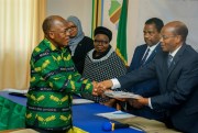 President John Magufuli hands in his nomination form to the chairman of the National Electoral Commission, in Dodoma, Tanzania, Aug. 25, 2020 (AP photo).