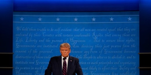 President Donald Trump during the first presidential debate in Cleveland, Ohio, Sept. 29, 2020 (AP photo by Julio Cortez).