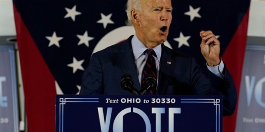 Democratic presidential candidate and former Vice President Joe Biden speaks in Cincinnati, Ohio, Oct. 12, 2020 (AP photo by Carolyn Kaster).