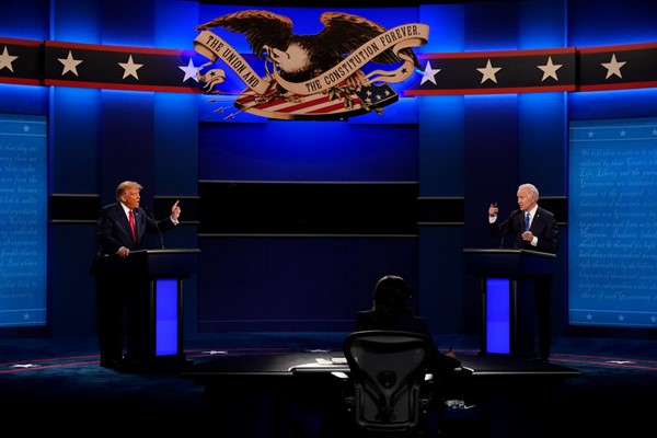 President Donald Trump, left, and Democratic presidential candidate Joe Biden during the second and final presidential debate, Nashville, Tenn., Oct. 22, 2020 (AP photo by Patrick Semansky).