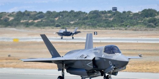 An F-35 arriving back at the British Royal Air Force's Akrotiri base in Cyprus, after flying in operational missions against the Islamic State, June 24, 2019 (Press Association photo by Jacob King via AP).