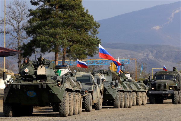 Russian peacekeepers’ military vehicles at a check point in the separatist region of Nagorno-Karabakh, Nov. 17, 2020 (AP photo by Sergei Grits).