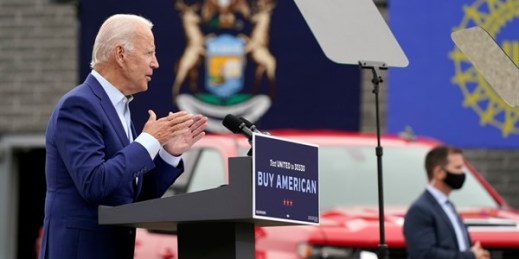 Then-Democratic presidential candidate Joe Biden speaks at a campaign event at the United Auto Workers Region 1 headquarters in Warren, Mich., Sept. 9, 2020 (AP photo by Patrick Semansky).