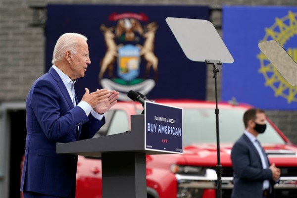 Then-Democratic presidential candidate Joe Biden speaks at a campaign event at the United Auto Workers Region 1 headquarters in Warren, Mich., Sept. 9, 2020 (AP photo by Patrick Semansky).