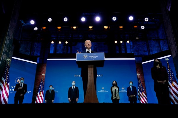 President-elect Joe Biden introduces his nominees and appointees to key national security and foreign policy posts at The Queen theater in Wilmington, Del., Nov. 24, 2020 (AP photo by Carolyn Kaster).