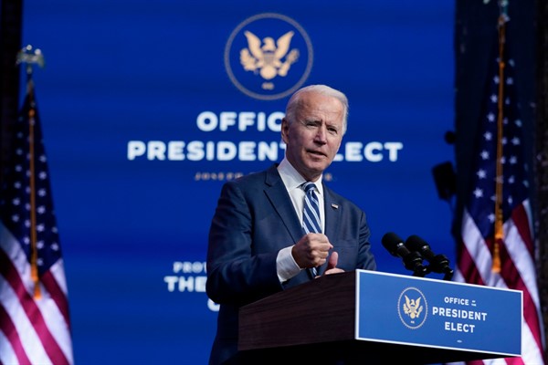 President-elect Joe Biden speaks at The Queen theater in Wilmington, Del., Nov. 10, 2020 (AP photo by Carolyn Kaster).