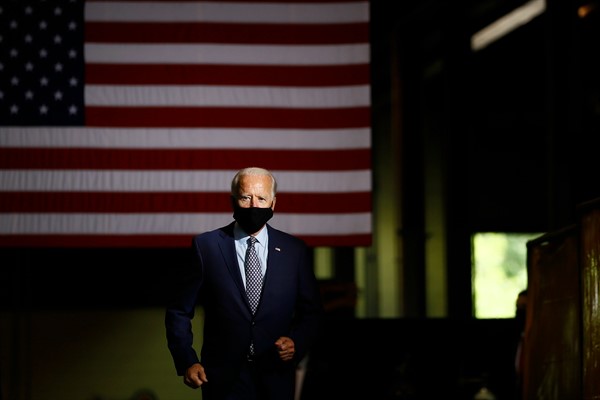 Then-Democratic presidential candidate Joe Biden arrives to speak at McGregor Industries in Dunmore, Pa., July 9, 2020 (AP photo by Matt Slocum).
