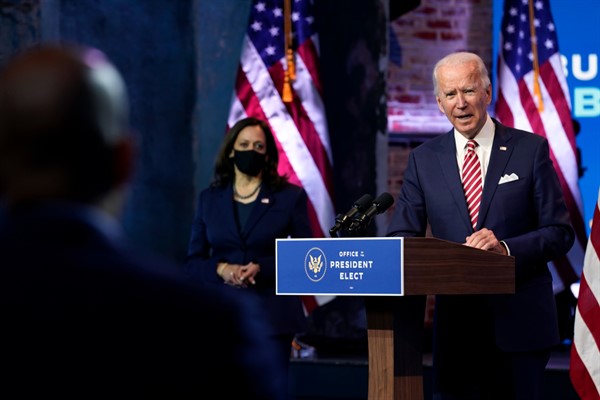 President-elect Joe Biden, accompanied by Vice President-elect Kamala Harris, speaks in Wilmington, Delaware, Nov. 16, 2020 (AP photo by Andrew Harnik).