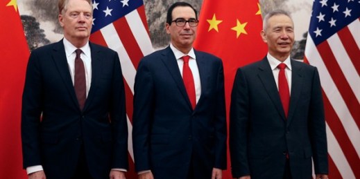 Chinese Vice Premier Liu He, right, with U.S. Treasury Secretary Steven Mnuchin, center, and U.S. Trade Representative Robert Lighthizer, left, in Beijing, May 1, 2019 (AP photo by Andy Wong).
