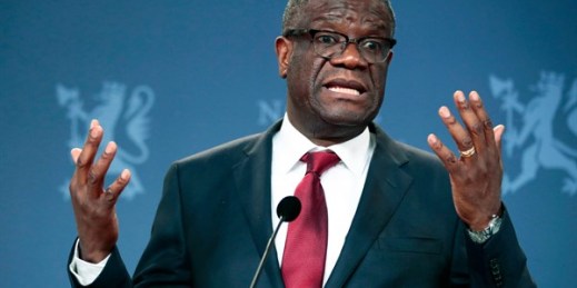 Nobel Peace Prize laureate Denis Mukwege speaks at a news conference in Oslo, Norway, Dec. 11, 2018 (NTB Scanpix photo by Lise Aserud via AP).