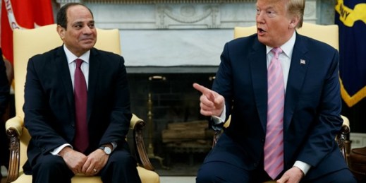 President Donald Trump meets with Egyptian President Abdel Fattah el-Sisi in the Oval Office of the White House, Washington, April 9, 2019 (AP photo by Evan Vucci).